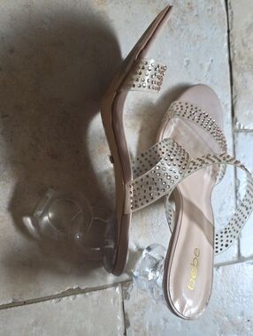 bebe Blush Pink Crystal-Strap Clear Sculpted-Heel Sandals